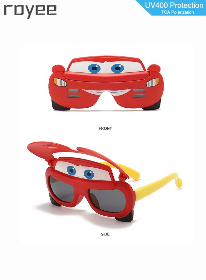 2 Pack New children's Cartoon Car sunglasses, polarized foldable sunglasses, UV400 protection sunglasses for Age 2-4 6-8 10-12 Boys,TPEE Frame - Blue and Red
