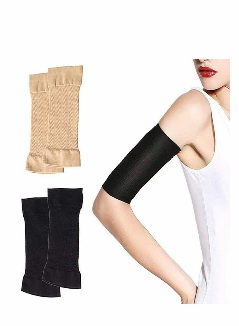 2 Pairs Slimming Compression Arm Shaper Burn Fat Weight Loss Arm Former Fat Buster Off Cellulite Slimming Wrap Belt Band for Women Lady Girls (Black and Flesh Color)