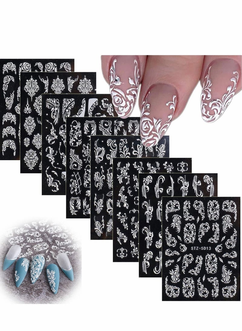 Nail Stickers, 8 Sheets Flower Art Stickers Decals, 5D Acrylic Engraved Sticker White Embossed Sliders Lace Wedding Hollow Design DIY for Women Girls