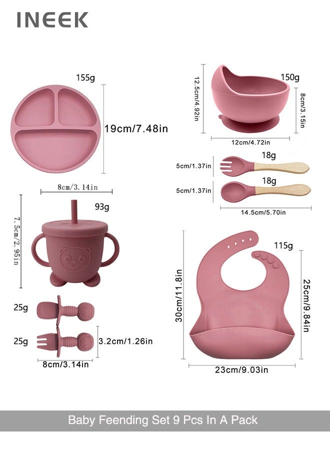 9 Piece  Baby Led Weaning Supplies Silicone Feeding Set  Baby Toddler Bib Cup Divided Plate and Bowl Self Feeding Spoons Dish Set  Baby Utensils |Toddler Feeding Supplies