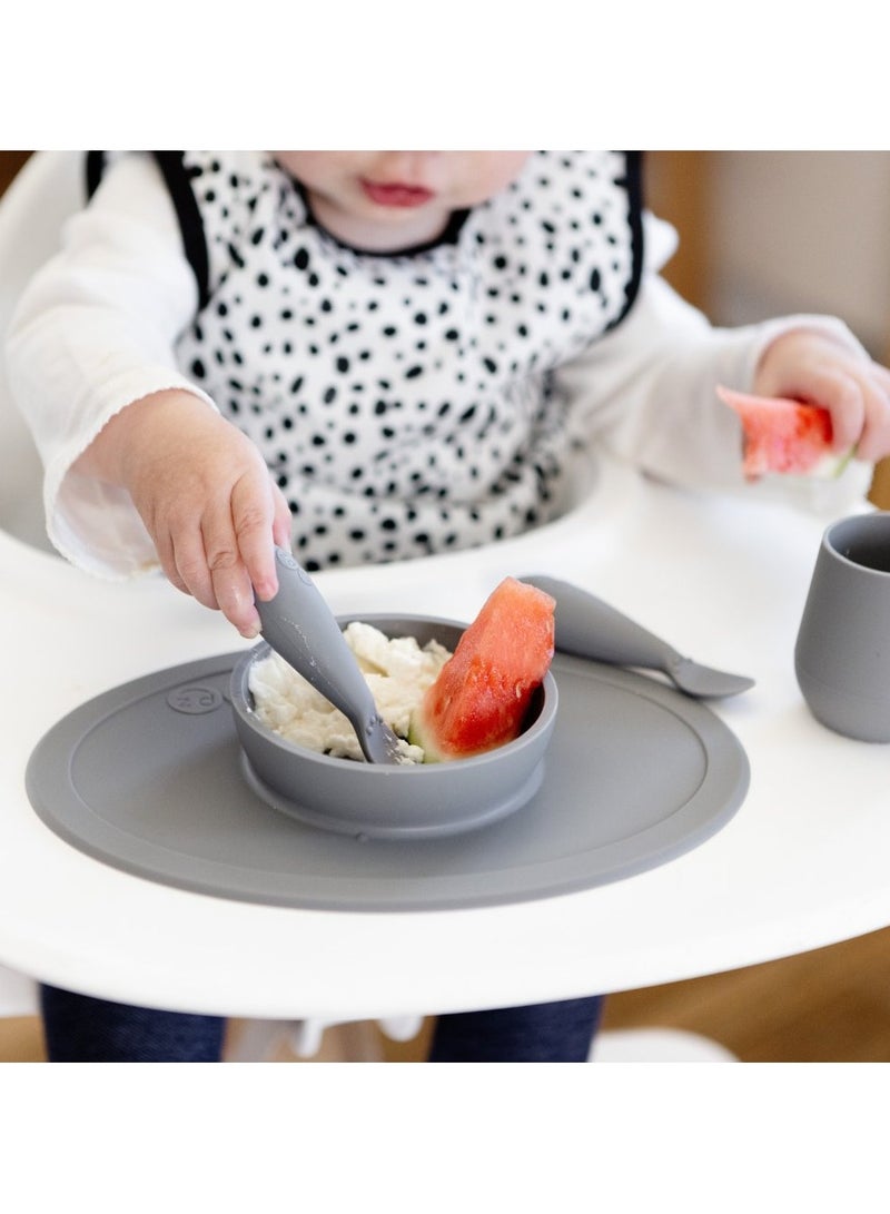 First Food Set - 100% Silicone Baby Feeding Set With Built-In Placemat, Training Cup And Spoons For First Foods + Baby Led Weaning, 4 Months +, Grey