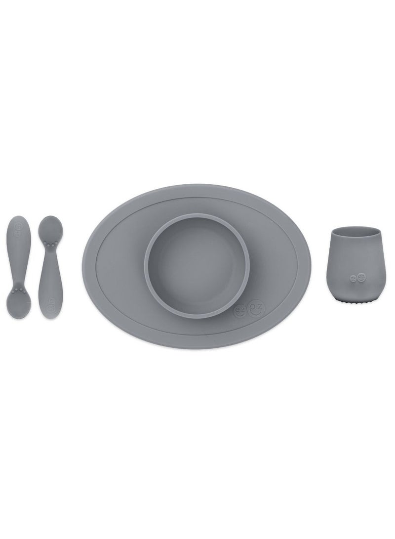 First Food Set - 100% Silicone Baby Feeding Set With Built-In Placemat, Training Cup And Spoons For First Foods + Baby Led Weaning, 4 Months +, Grey