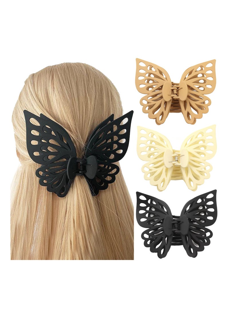 3Pcs Butterfly Hair Clips Butterfly Claw Clips Hair Clips for Women Hair Clips for Thick Hair Matte Hair Clips Medium Hair Clips Big Butterfly Clips for Women Cute Hair Clips (Khaki White Black)