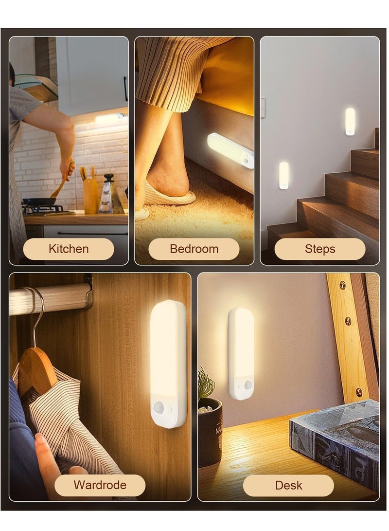 Motion Sensor Lights Indoor, Night Light USB Rechargeable with 4 Modes and 3 Color Temperature, Stepless Dimming Cupboard Light for Stair, Hallway, Kitchen 2 Pack