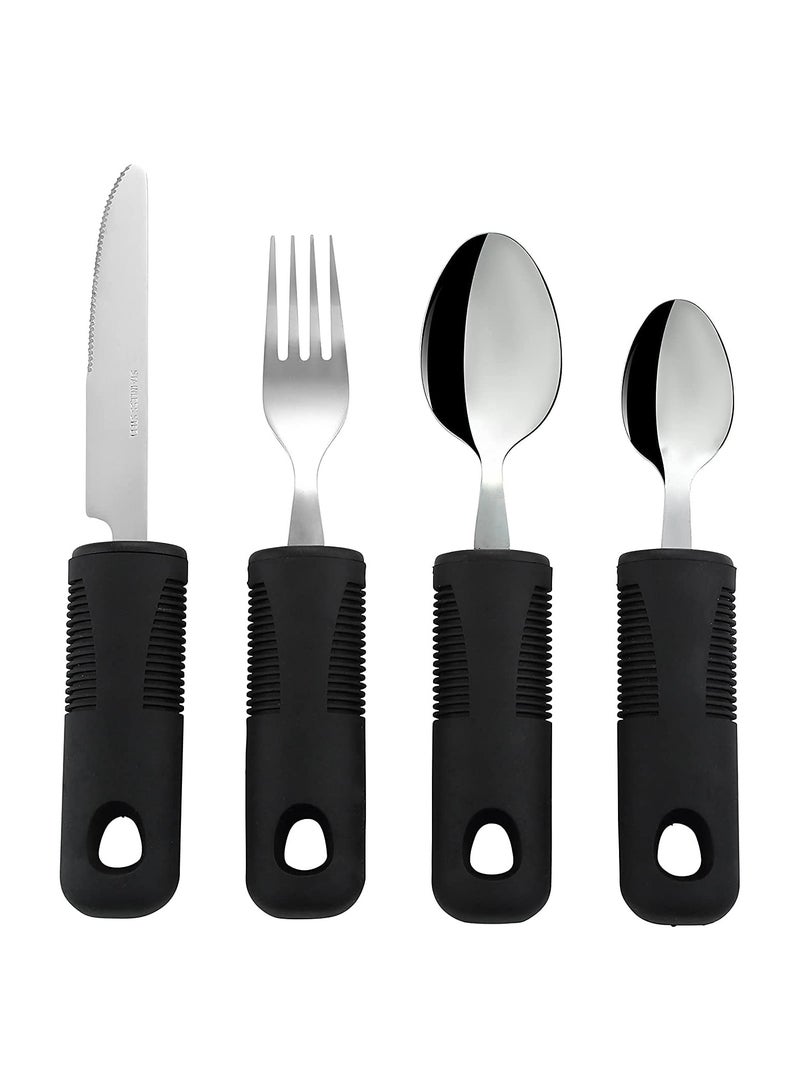 Extra Wide Handles Easy Grip Cutlery Set Chunky Handles Corfort Grips Disability Ideal Dining aid for Elderly Disabled Arthritis Parkinson's Disease Tremors Sufferers 4PCS Black