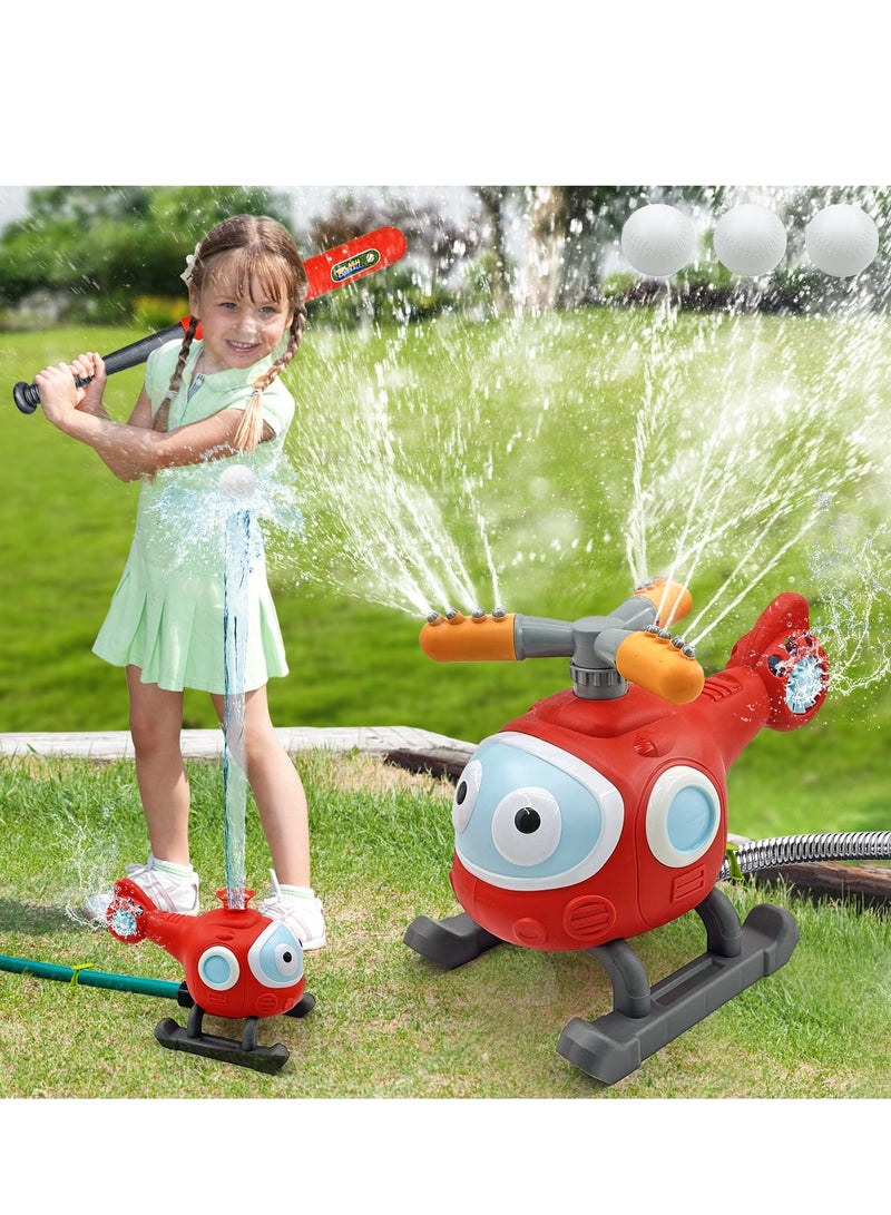 Outdoor Water Spray Sprinklers, 2 in 1 T Ball Set for Kids and Toddlers, Backyard Spinning Airplane Sprinkler Toy Tee Ball Game, Sprays Up to 8ft High Attaches to Garden Hose