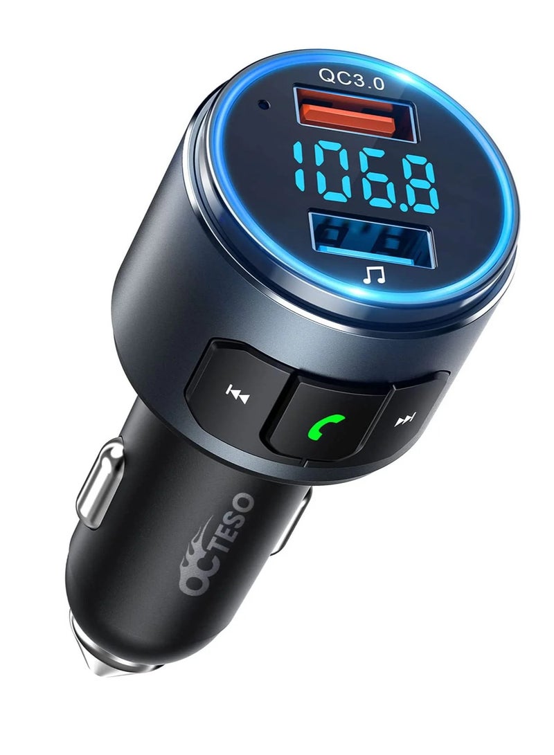 VicTsing Bluetooth FM Transmitter for Car, Bluetooth V5.0, QC3.0 Car Radio Audio Adapter with LED Backlit, Dual USB Charging, Hands-Free Calling