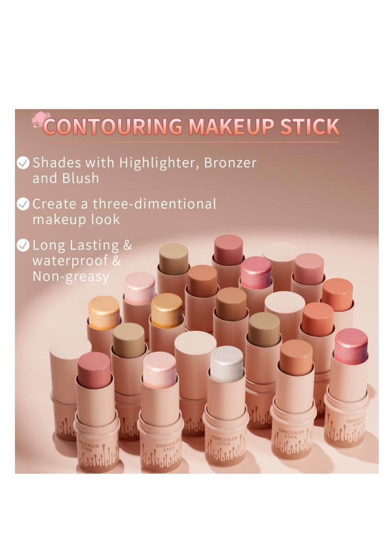 3 Colors Cream Contour Sticks Kit Contour Highlighter Blush Makeup Set Blusher Bronzer Highlighting Sticks for Cheek Long Lasting Smooth Natural Face Contouring Illuminator