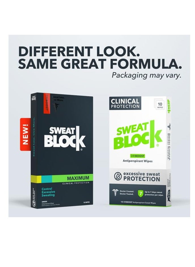 SweatBlock Max Clinical Antiperspirant Wipes - For Excessive Sweating & Hyperhidrosis - Up to 7 Days Protection/Wipe - Unisex - 10 Wipes