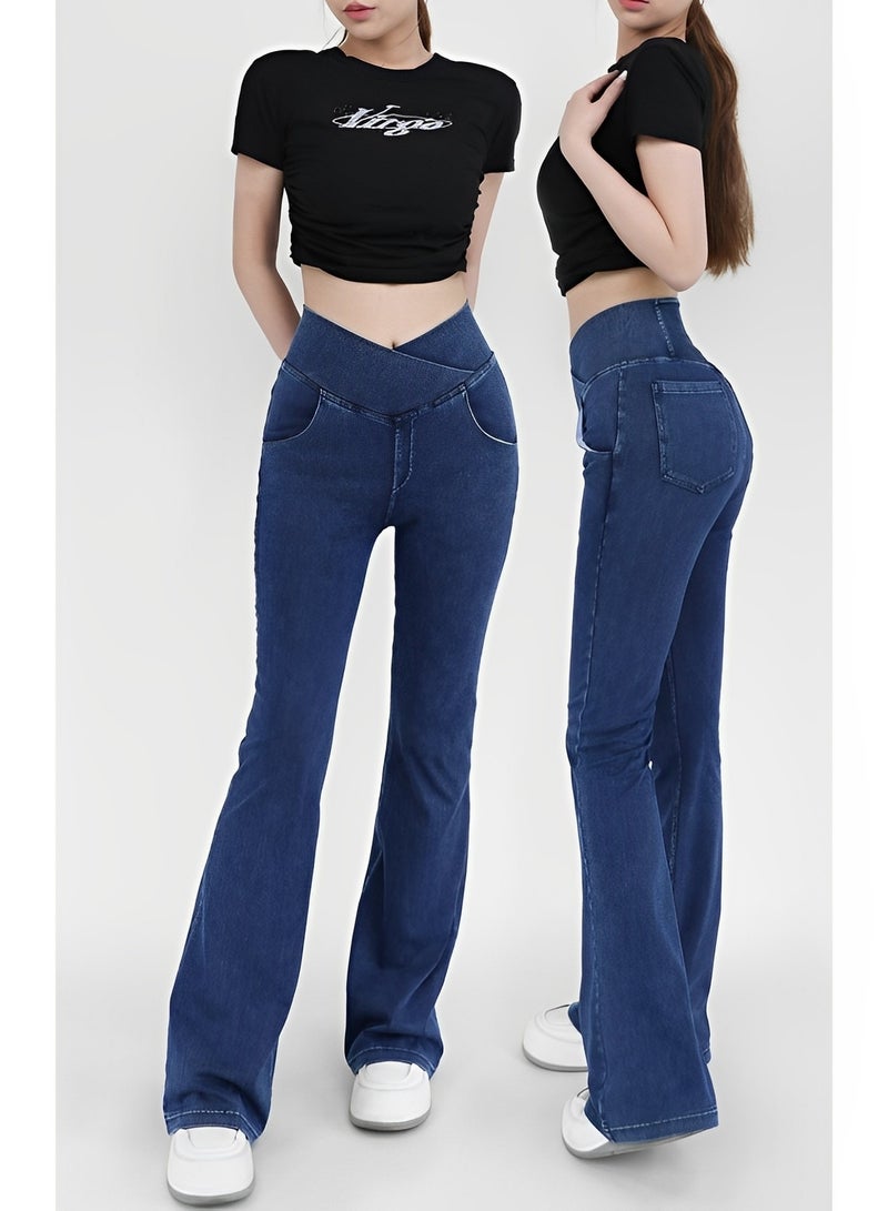 Women's Bell Bottom Jeans High Waisted Stretchy Flare Jeans Pull On Tummy Control Flare Pants with Pockets Classic Denim Pants