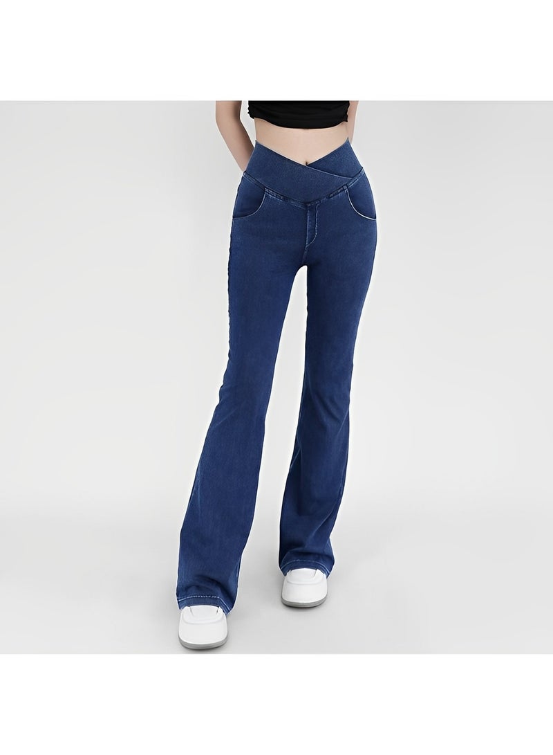 Women's Bell Bottom Jeans High Waisted Stretchy Flare Jeans Pull On Tummy Control Flare Pants with Pockets Classic Denim Pants