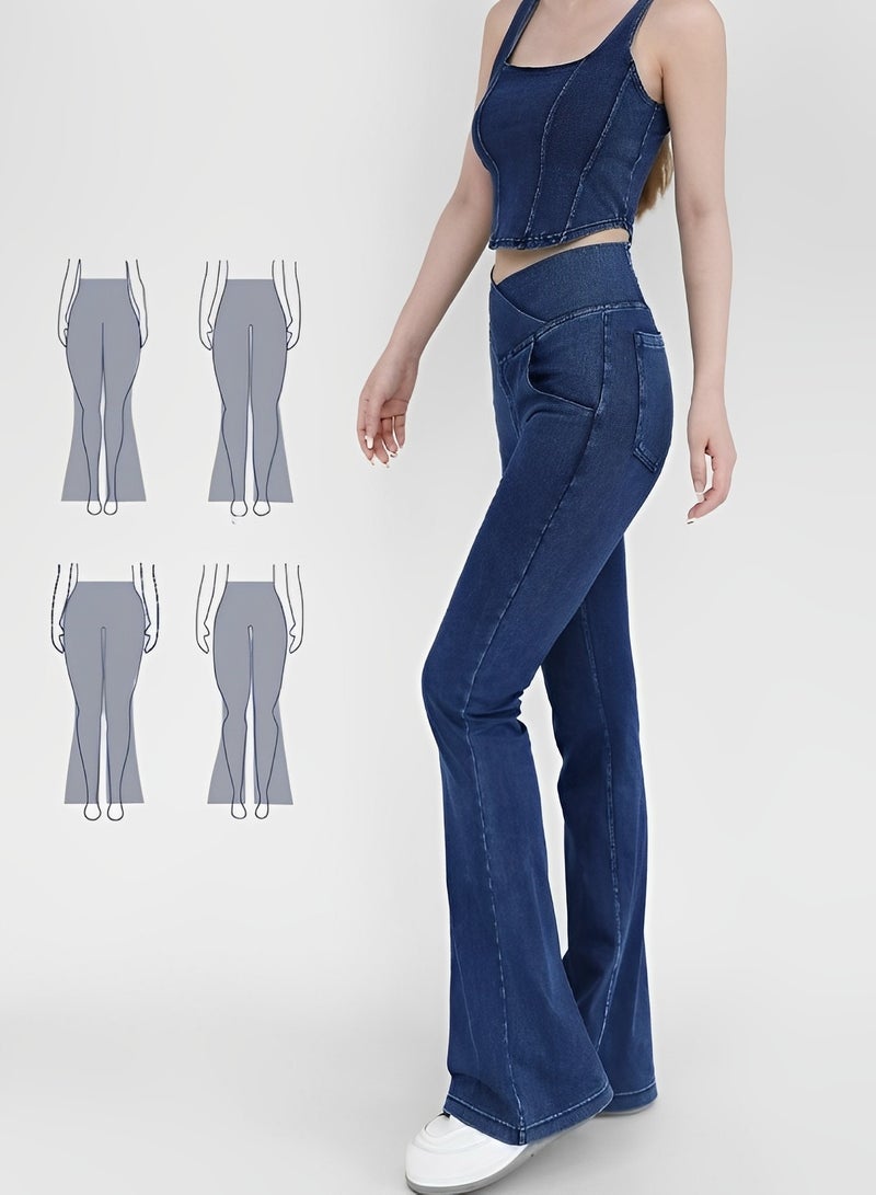 Women's Bell Bottom Jeans High Waisted Stretchy Flare Jeans Pull On Tummy Control Flare Pants with Pockets Classic Denim Pants