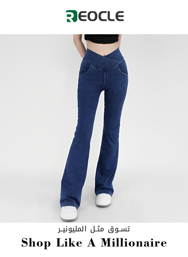 Denim Sports Yoga Pants for Women Cross-over High-waisted Tummy-tightening  Lifting Pockets Micro-flared Pants for Outer Wear Fitness Casual Pants