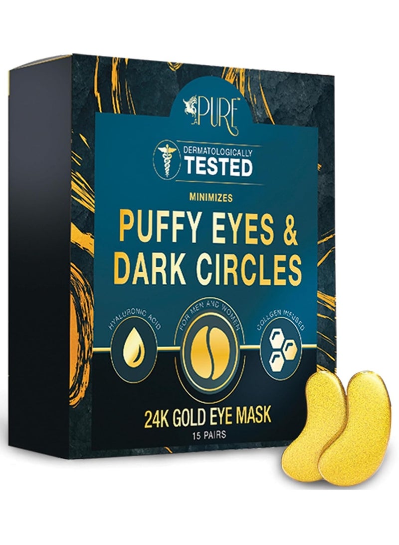 LA PURE 24K Gold Eye Treatment Masks - Under Eye Patches, Under Eye Bags Treatment, Eye Mask for Puffy Eyes, Anti-Wrinkle, Dark Circles, Gel Pads 15 Pairs