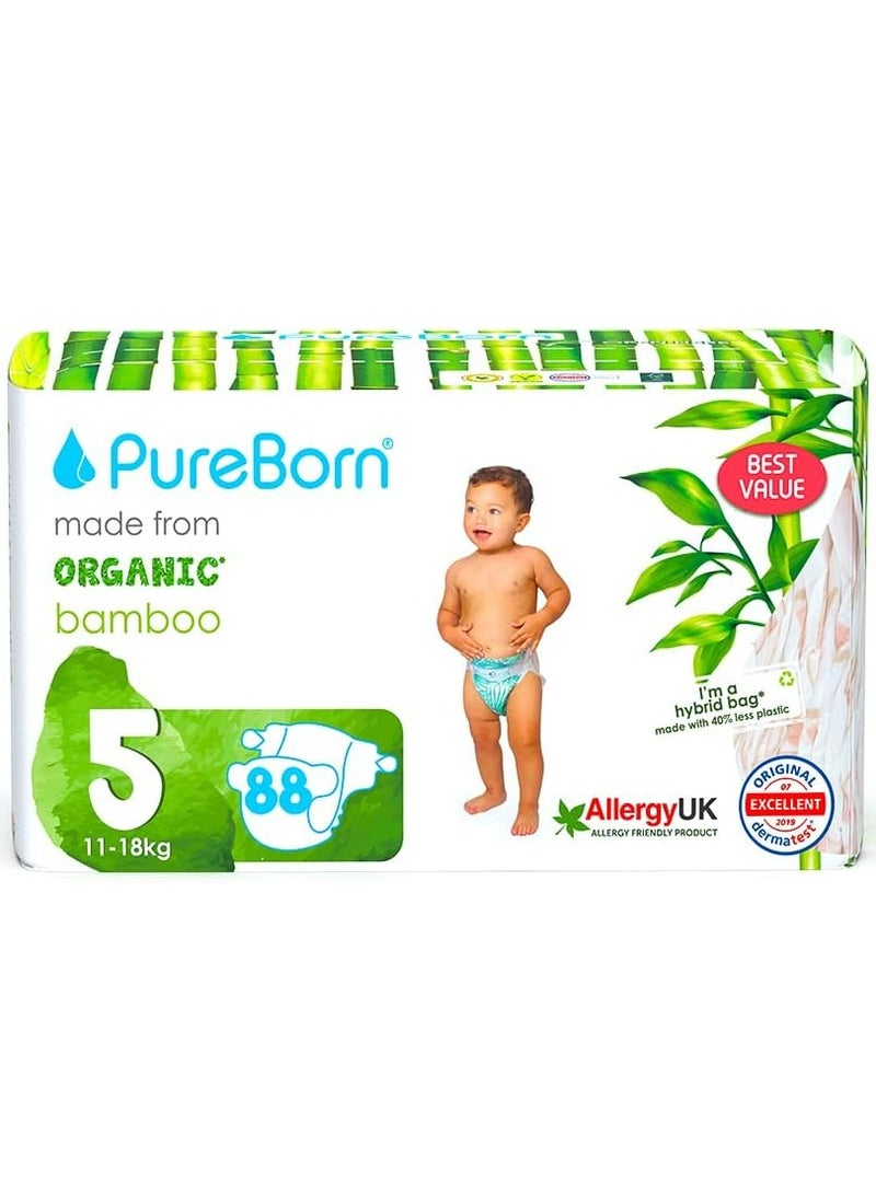 PureBorn Organic Natural Bamboo Baby Disposable Diapers Size 5 From 11 to 18 Kg 88 pcs Assorted Master Value Pack Premium Super Soft Maximum Leakage protection Eco friendly Nappies NB Essentials