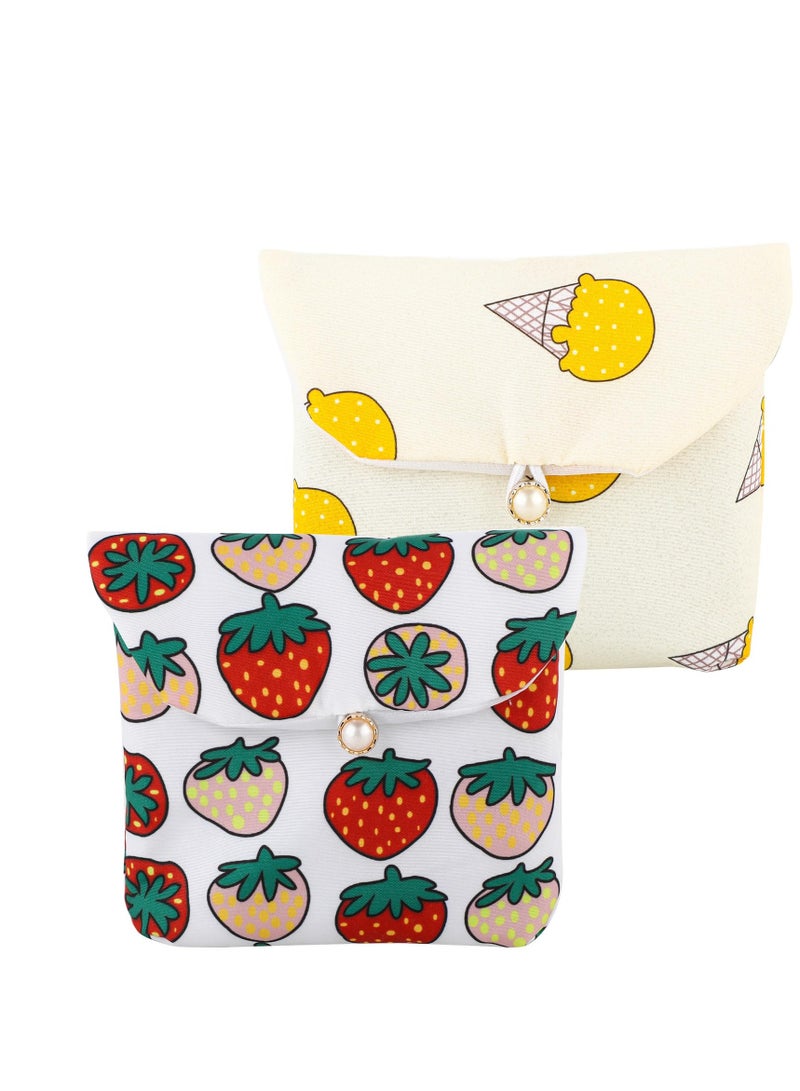 Sanitary Napkin Storage Bags 4pcs Period Pad Holder Pouch Portable Menstrual Pouch Cute Pattern Tampon Purse with Pearl Buckle Small Toiletry Bag for Women Girls(Ice CreamStrawberry)