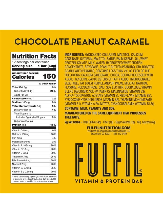 FULFIL Vitamin and Protein Bars, Chocolate Peanut and Caramel, Snack Sized Bar with 15 g Protein and 8 Vitamins Including Vitamin C, 12 Count