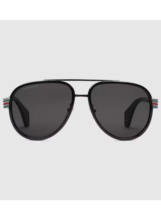 Gucci Aviator Shiny Black Acetate and Silver Metal Frame Sunglasses for Men GG0447S Style ‎558259 J0750 1113