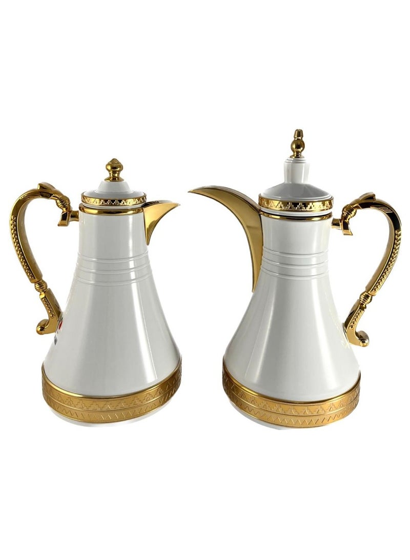 2-Piece Tea & Coffee Flask - 0.75 Liter & 1 Liter Capacity - Glass Inner - Steel Body - White & Gold
