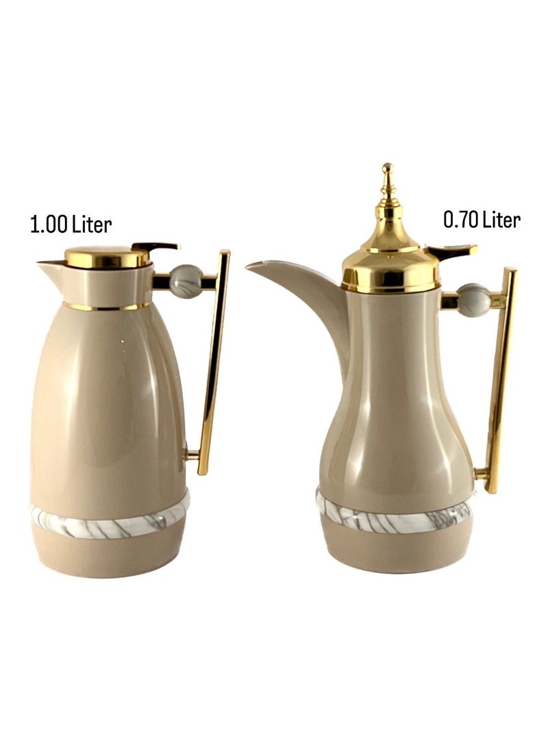 2-Piece Tea & Coffee Flask - 0.7 Liter & 1 Liter Capacity - Glass Inner - ABS Body - Light Coffee & Gold