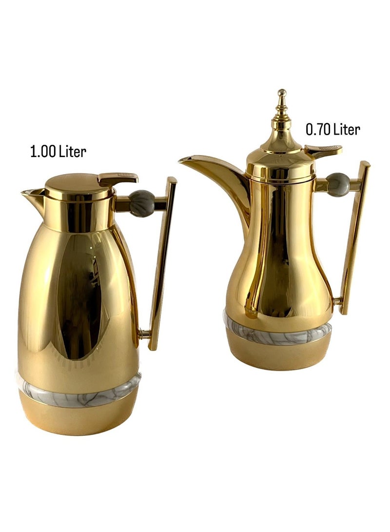 2-Piece Tea & Coffee Flask - 0.7 Liter & 1 Liter Capacity - Glass Inner - ABS Body - Gold