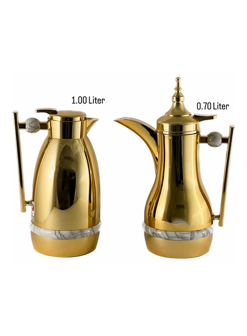 2-Piece Tea & Coffee Flask - 0.7 Liter & 1 Liter Capacity - Glass Inner - ABS Body - Gold