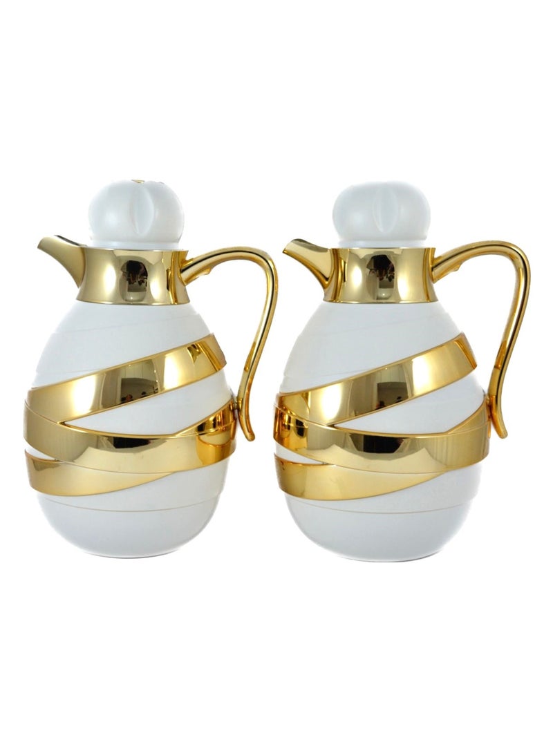 2-Piece Tea & Coffee Flask - 1 Liter & 1 Liter Capacity - Glass Inner - ABS Body - White & Gold