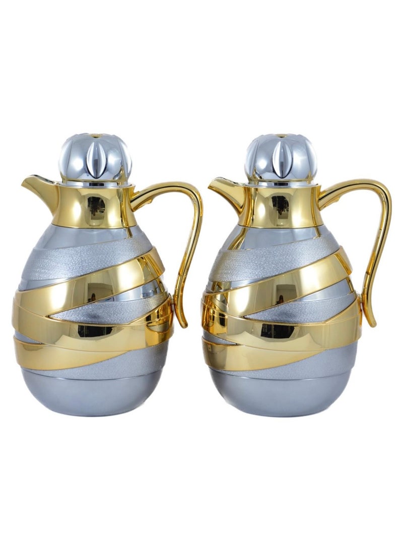 2-Piece Tea & Coffee Flask - 1 Liter & 1 Liter Capacity - Glass Inner - ABS Body - Silver & Gold