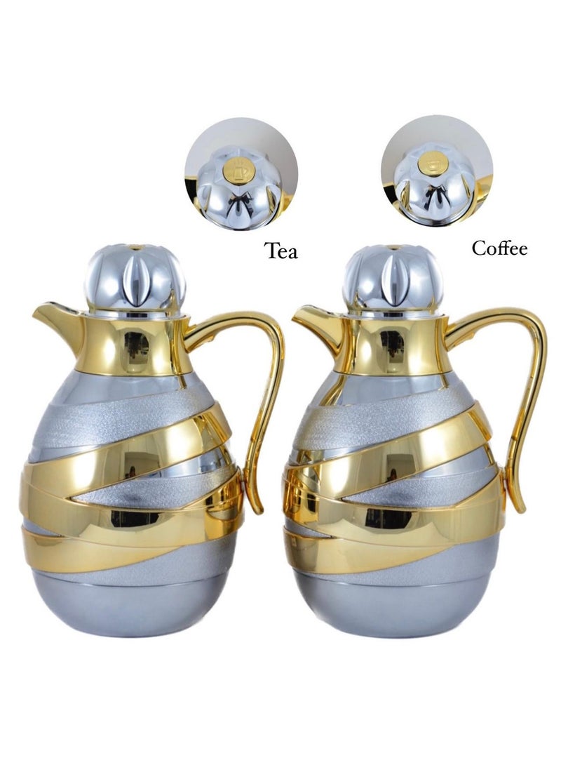 2-Piece Tea & Coffee Flask - 1 Liter & 1 Liter Capacity - Glass Inner - ABS Body - Silver & Gold