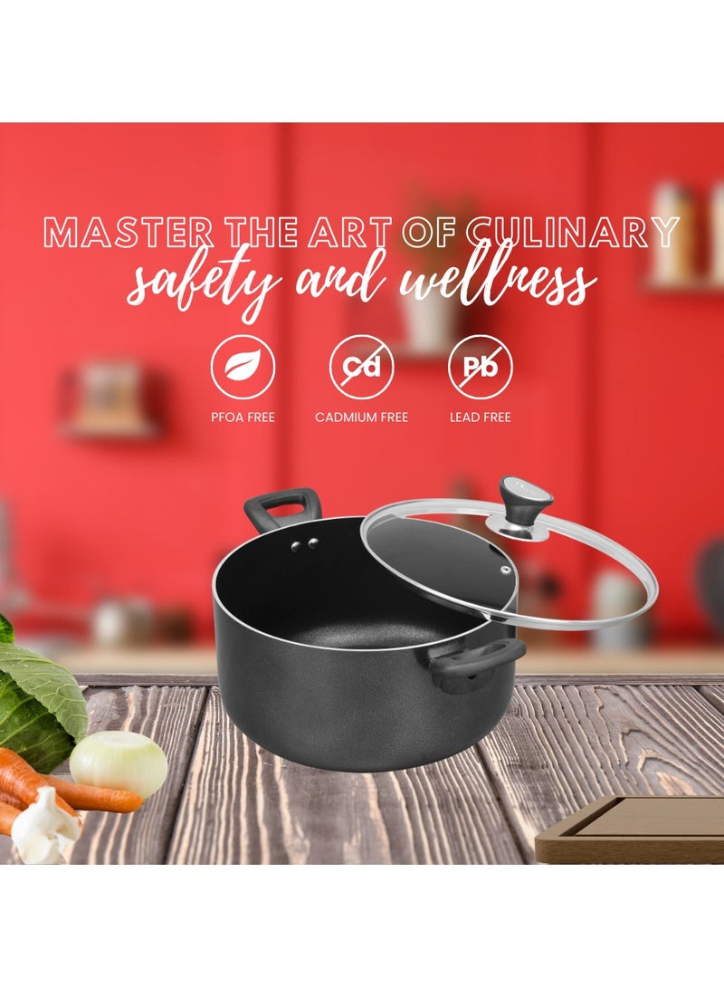 Sonex Casserole Premium Cookware, Even Heating, Tempered Glass Lid, High Quality Aluminum, Non-Stick Coating , Bakelite Heat Resistant Handle, Durable Construction, Easy to Clean 22Cm & 3.5 Ltr.
