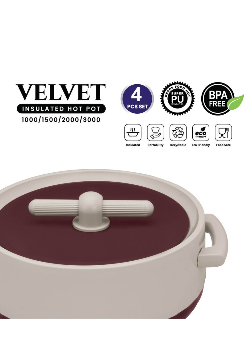 Selvel Velvet Insulated Hot Pot Red-4Pcs Set(1000/1500/2000/3000), Phpv04-Red