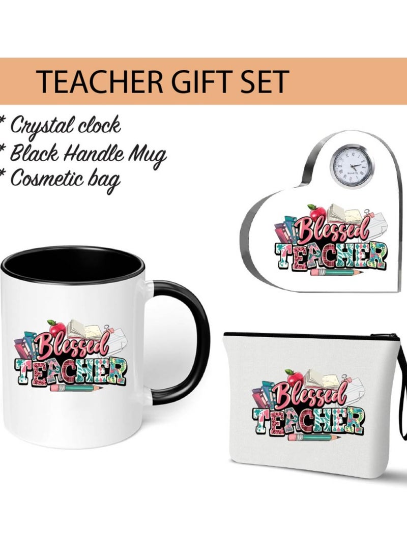 Teacher's Day Pack of 3 Combo Pack - Heart Shape Crystal Clock, Black Ceramic Coffee Mug and Cosmetic Bag - Teacher's Day Gift Set - Gift for World Teachers Day