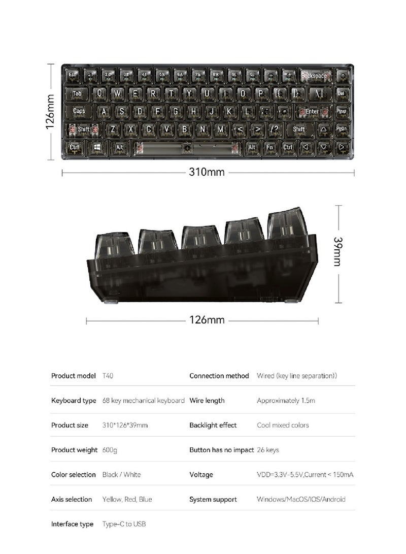 68 Keys Wired Mechanical Gaming Transparent Crystal Acrylic Keyboard With Gasket Mount Smooth Rgb Transparent Black