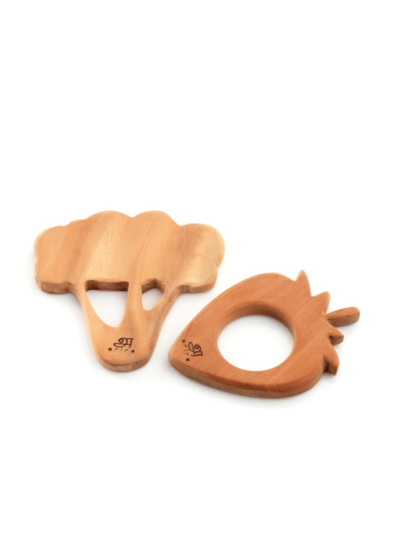 Ariro Neem Wooden Teethers Shaped Like Strawberry & Broccoli | Hand-Crafted with Organic Neem Wood That Helps Boost Immunity & Aids in Digestion | Easy to Grasp & Chew by Little Once | Playtime