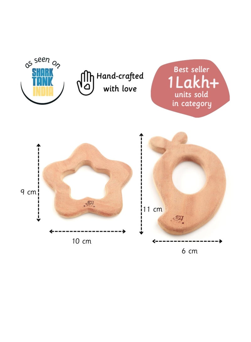 Ariro Wooden Teethers Shaped as Mango and Star for Baby Boy & Girl | Hand-Crafted with Organic Neem Wood That Helps Boost Immunity & Aids in Digestion | Easy to Grasp & Chew