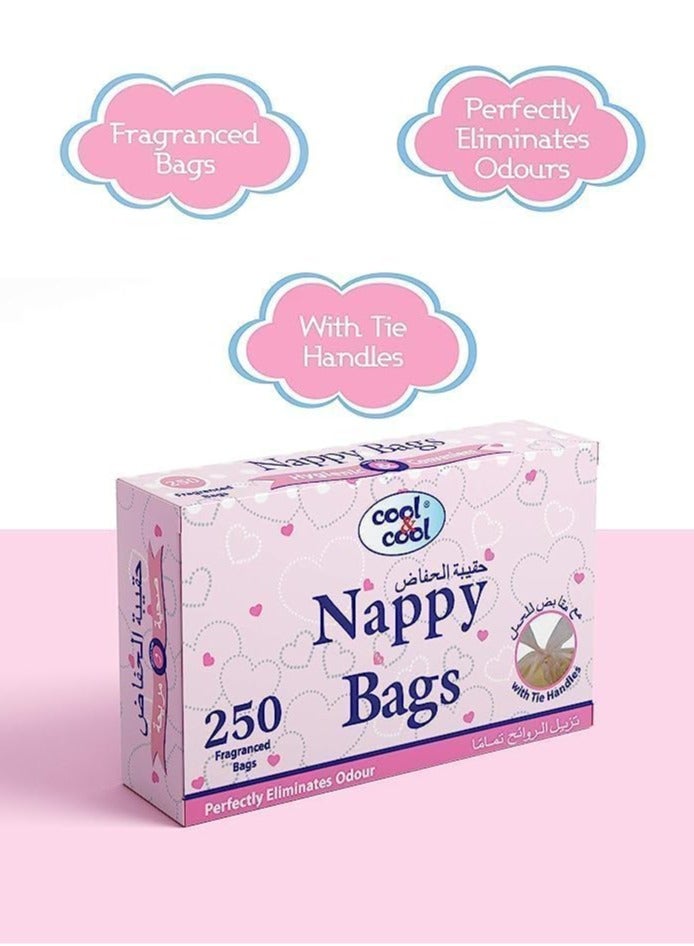 Cool and Cool Nappy Bags 250's (Pack of 20) - Diaper Disposable Bags,Mildly Scented,Hygienic,Easy Tie Handle and Eliminates Odors - 5000 Pieces