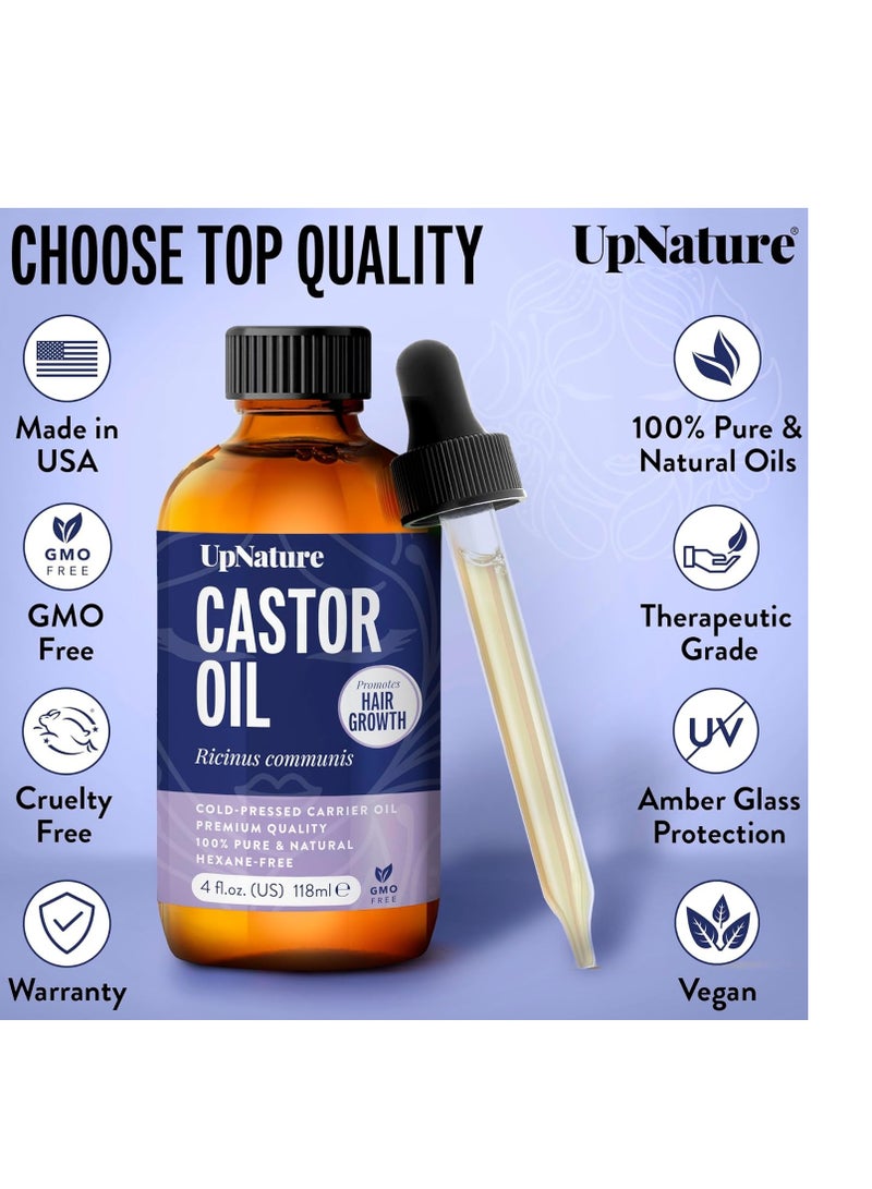 UpNature Castor Oil 4oz- 100% Pure Oil for Hair, Eyelashes & Eyebrows- Cold Pressed, Hexane Free, Made in USA- Stimulate Hair Growth & Moisturize Skin/Scalp-12pc Hair Treatment Kit