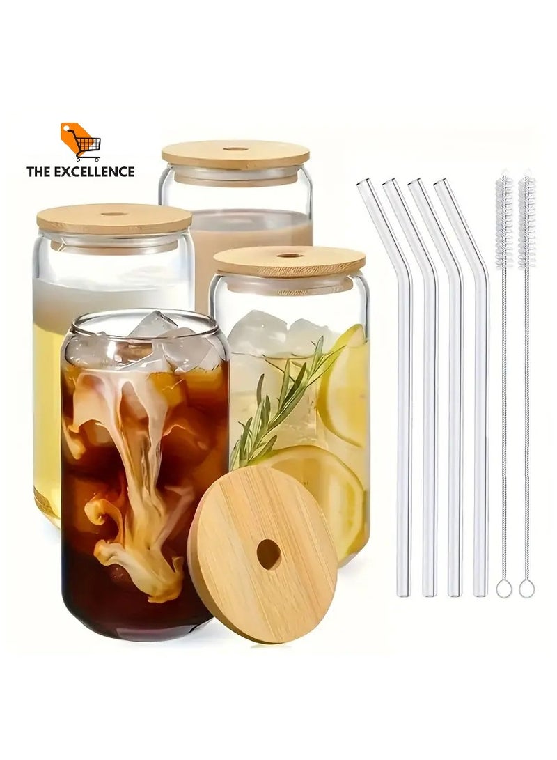 4 Pcs set Drinking Glass Cups with Bamboo Lids and Straws, Can Shaped Juice Glass Cups, Cup With Lid, Straw Cup, Coffee Tumbler