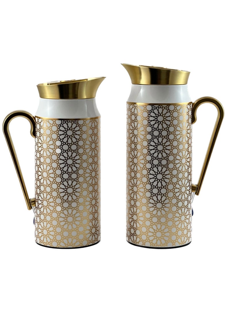 2-Piece Tea & Coffee Flask - 0.75 Liter & 1 Liter Capacity - Glass Inner - Steel Body - Gold & White Desing - Gold Handle