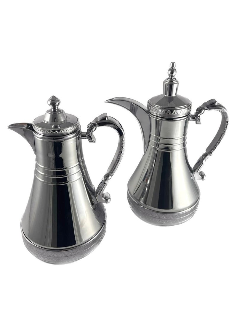 2-Piece Tea & Coffee Flask - 0.75 Liter & 1 Liter Capacity - Glass Inner - Steel Body - Silver