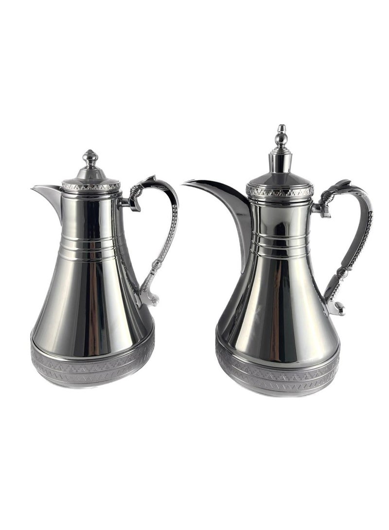 2-Piece Tea & Coffee Flask - 0.75 Liter & 1 Liter Capacity - Glass Inner - Steel Body - Silver