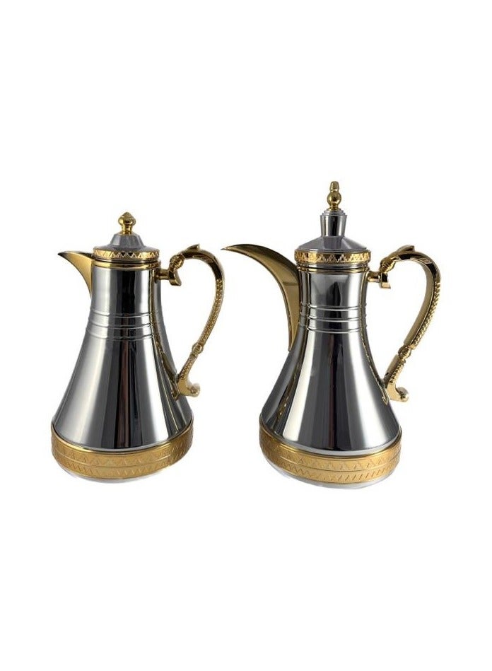 2-Piece Tea & Coffee Flask - 0.75 Liter & 1 Liter Capacity - Glass Inner - Steel Body - Silver & Gold