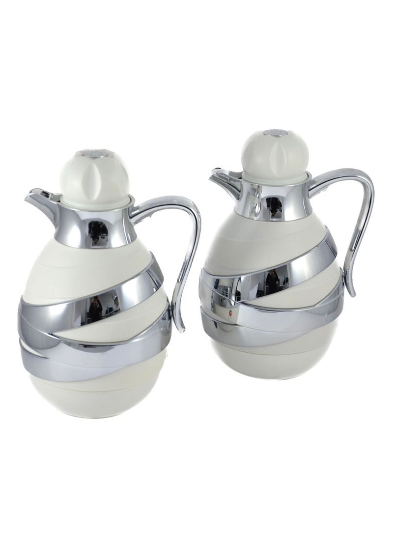 2-Piece Tea & Coffee Flask - 1 Liter & 1 Liter Capacity - Glass Inner - ABS Body - White & Silver