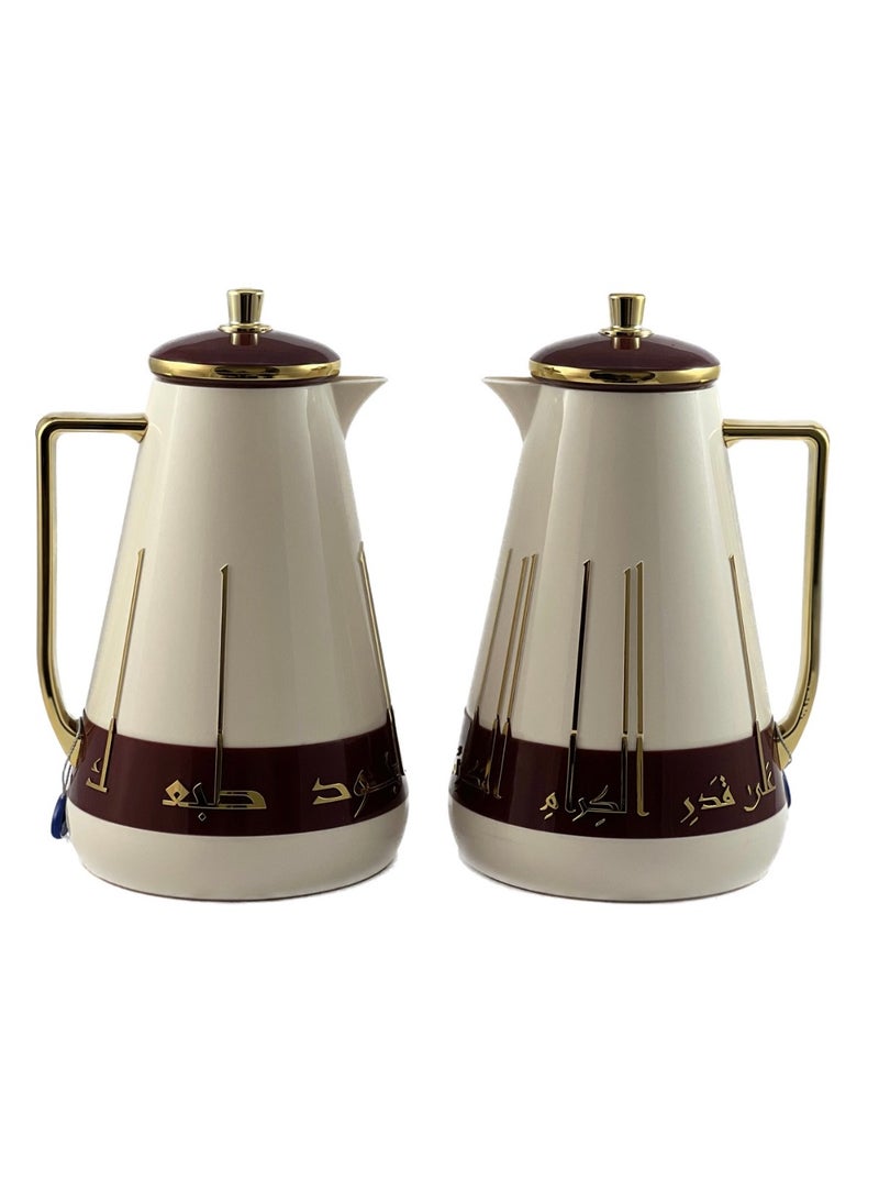 2-Piece Tea & Coffee Flask - 1 Liter & 1 Liter Capacity - Glass Inner - ABS Body - White & Burgundy & Gold