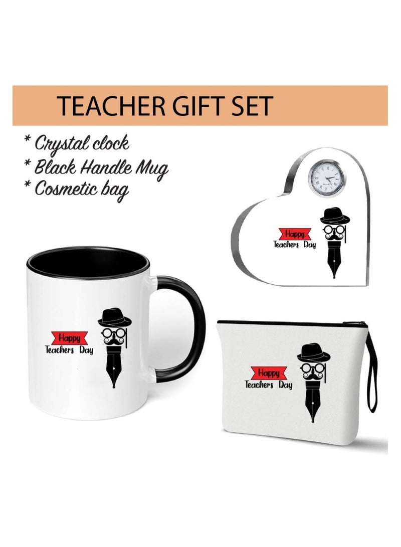 Teacher's Day Pack of 3 Combo Pack - Heart Shape Crystal Clock, Black Ceramic Coffee Mug and Cosmetic Bag - Teacher's Day Gift Set - Gift for World Teachers Day