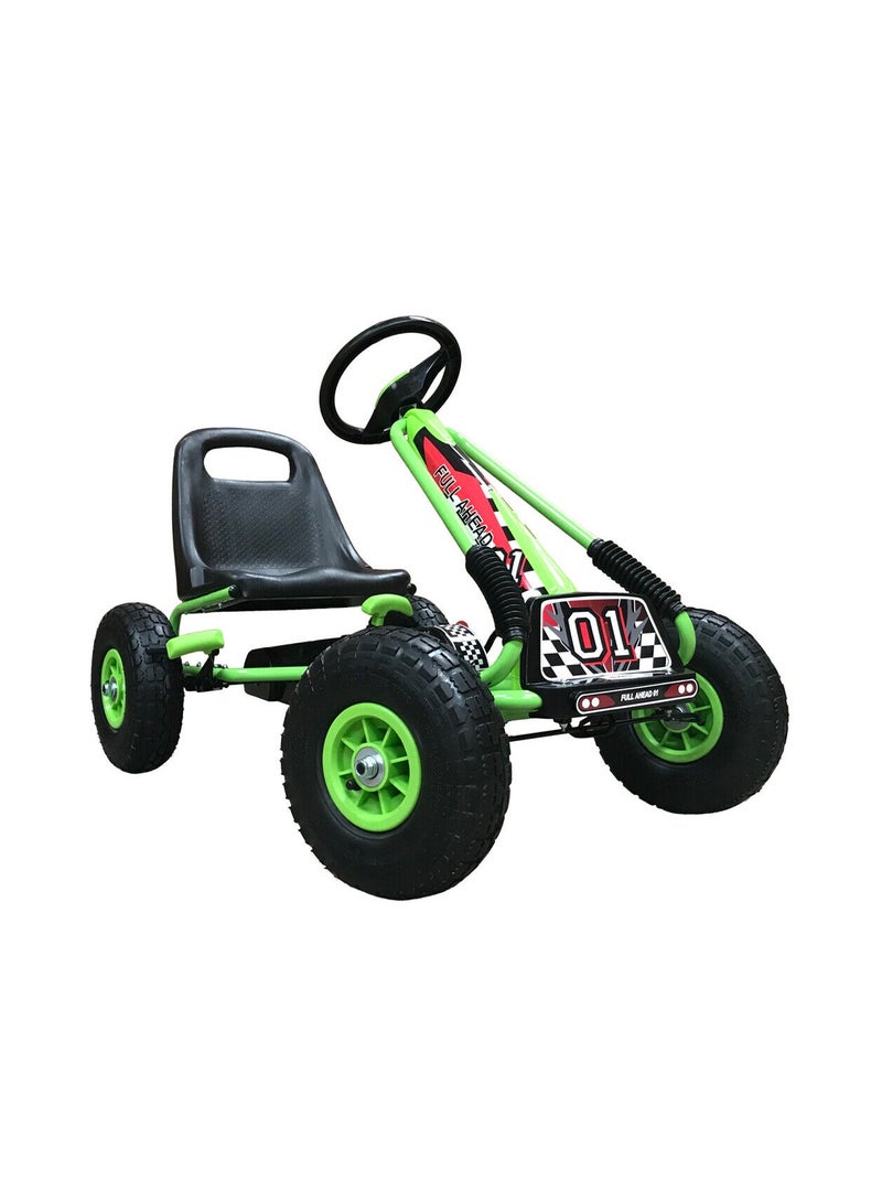 4 Wheel Quad Off-Road Pedal On Foot Go Cart Steering Wheels Adjustable Seat, 2 Safety Brakes, Rubber Tires, Clutch, Outdoor Racer Ride On Pedal Car (Green)