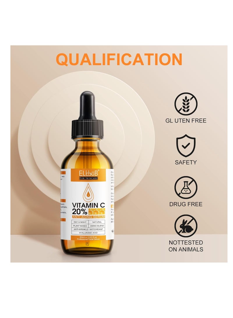 Premium 20% Vitamin C Serum For Face with Hyaluronic Acid, Retinol & Amino Acids - Boost Skin Collagen,Hydrate & Plump Skin, Anti Aging & Wrinkle Facial Serum 60ml