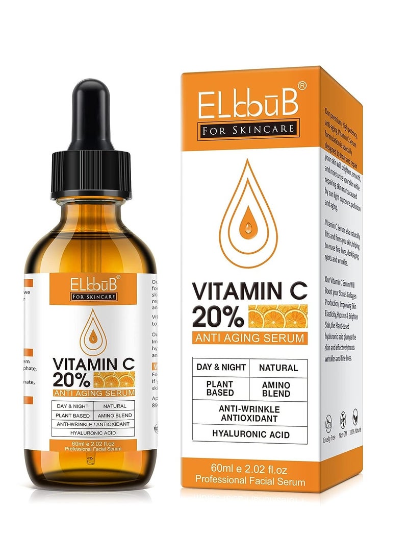 Premium 20% Vitamin C Serum For Face with Hyaluronic Acid, Retinol & Amino Acids - Boost Skin Collagen,Hydrate & Plump Skin, Anti Aging & Wrinkle Facial Serum 60ml