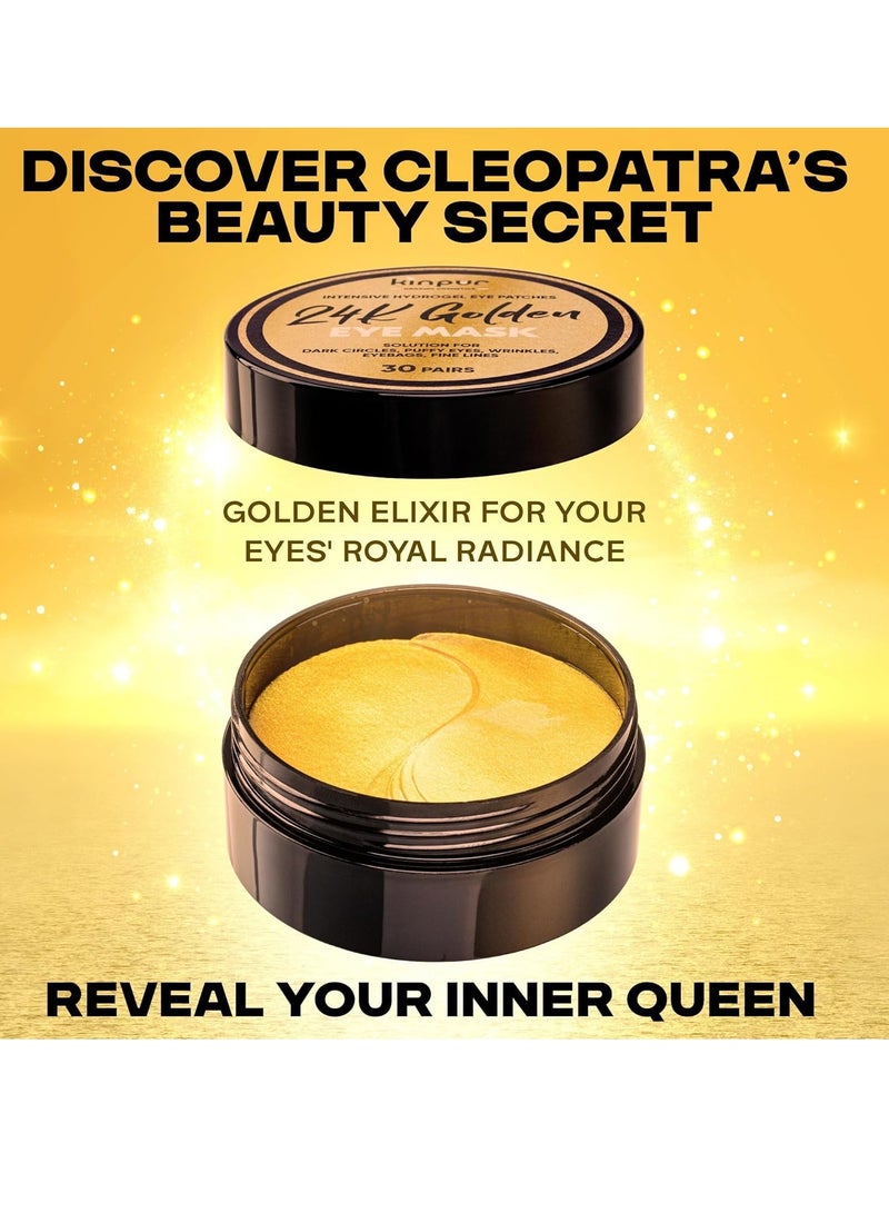 KINPUR ORGANIC COSMETICS 24k Gold Under Eye Patches for Dark Circles: 30 Pairs Golden Hydrogel Eye Pads - Reduce Puffy Eyes, Dark Circles, Wrinkles, Undereye Bags - Brightening Eye Mask Skincare