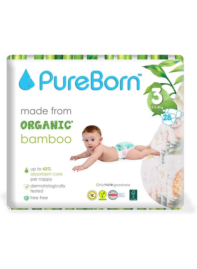 Pureborn Organic Bamboo Diapers, Size 3 (5.5-8kg) - 28 Count